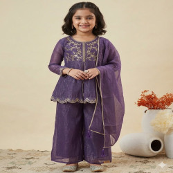 Girls Embroidered Crunch Silk Top Palazzo Set with Dupatta